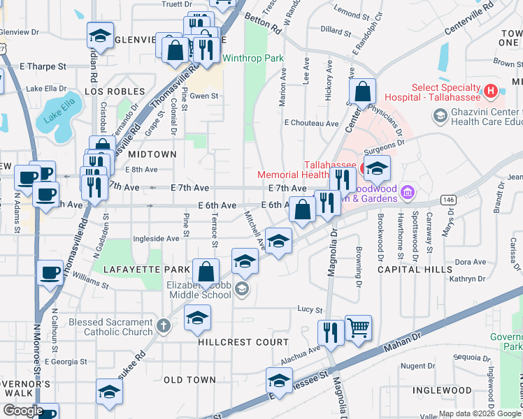 map of restaurants, bars, coffee shops, grocery stores, and more near 1228 Crestview Avenue in Tallahassee