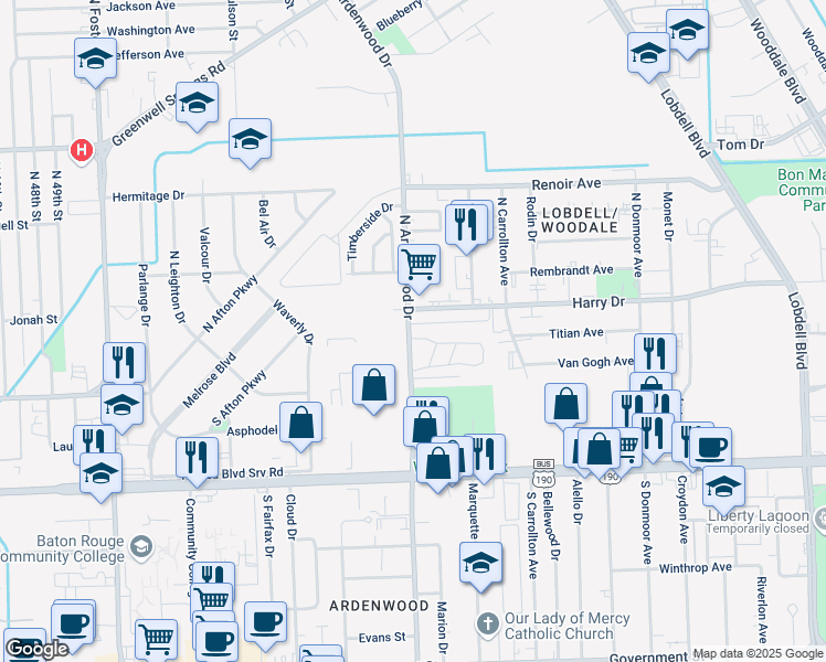 map of restaurants, bars, coffee shops, grocery stores, and more near 6112 Villa Ashley Drive in Baton Rouge