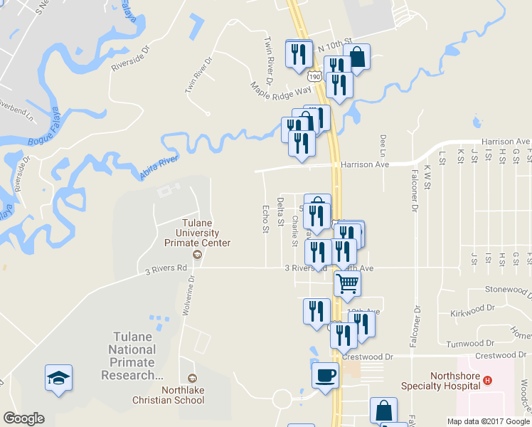 map of restaurants, bars, coffee shops, grocery stores, and more near 70393 Echo Street in Covington