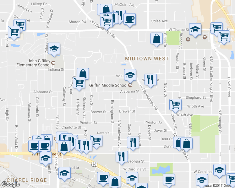 map of restaurants, bars, coffee shops, grocery stores, and more near 903 Alabama Street in Tallahassee