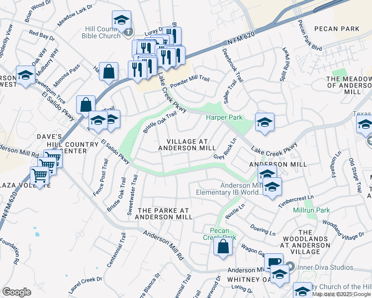map of restaurants, bars, coffee shops, grocery stores, and more near 11200 Iron Oak Trail in Austin