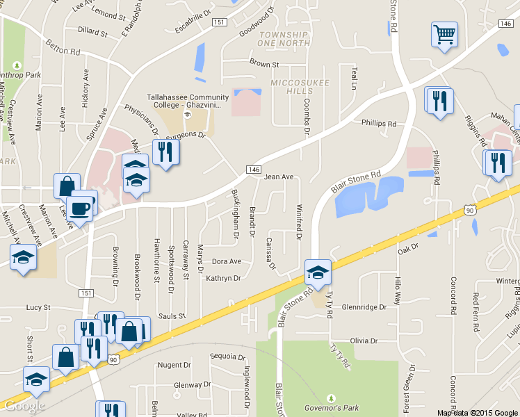 map of restaurants, bars, coffee shops, grocery stores, and more near 1221 Brandt Drive in Tallahassee