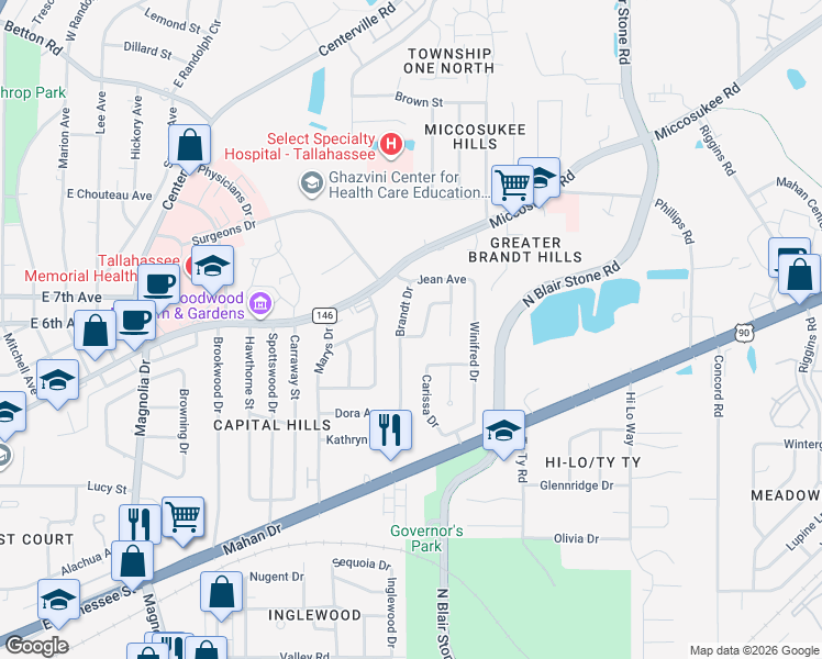 map of restaurants, bars, coffee shops, grocery stores, and more near 1221 Brandt Drive in Tallahassee