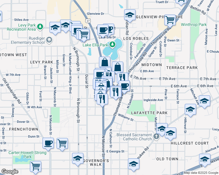 map of restaurants, bars, coffee shops, grocery stores, and more near 1233 North Monroe Street in Tallahassee