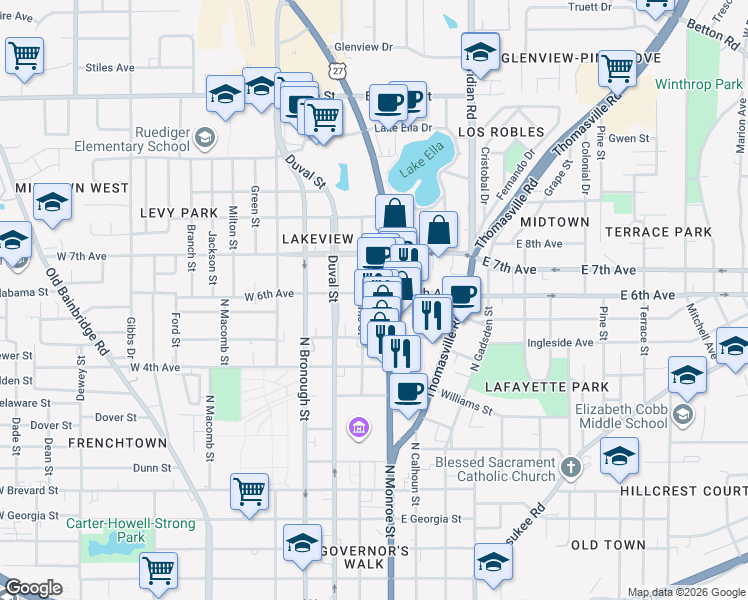 map of restaurants, bars, coffee shops, grocery stores, and more near 1230 North Adams Street in Tallahassee