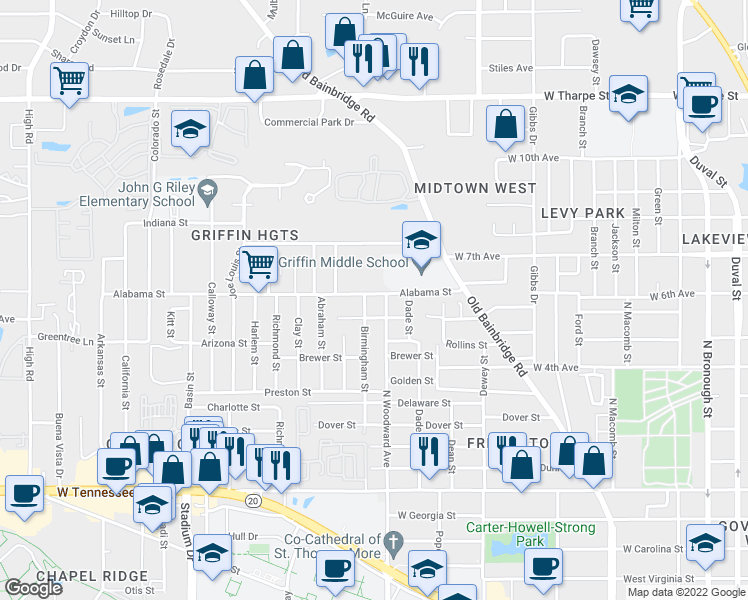 map of restaurants, bars, coffee shops, grocery stores, and more near 903 Alabama Street in Tallahassee