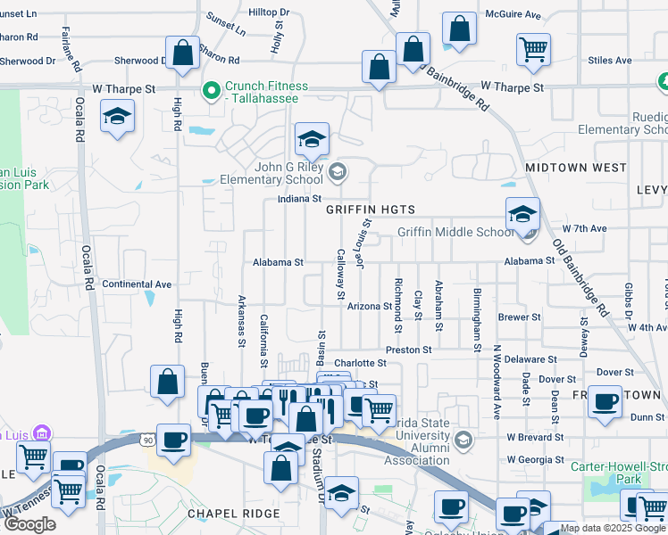 map of restaurants, bars, coffee shops, grocery stores, and more near 1210 Calloway Street in Tallahassee