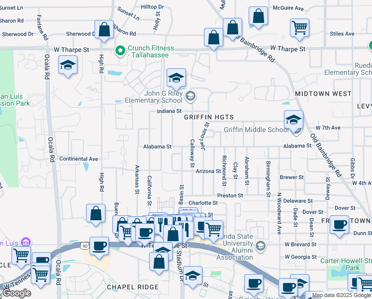 map of restaurants, bars, coffee shops, grocery stores, and more near 1210 Calloway Street in Tallahassee