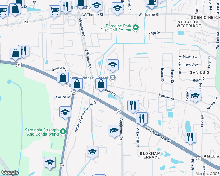 map of restaurants, bars, coffee shops, grocery stores, and more near 2683 West Mission Road in Tallahassee