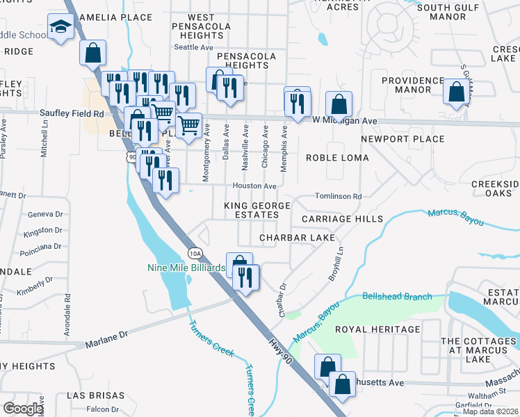 map of restaurants, bars, coffee shops, grocery stores, and more near 5432 Wales Avenue in Pensacola