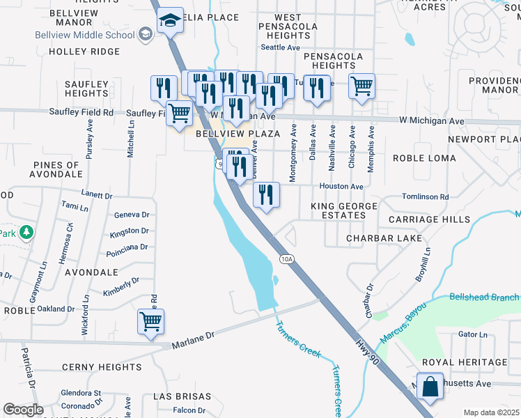 map of restaurants, bars, coffee shops, grocery stores, and more near 5476 Mobile Highway in Pensacola