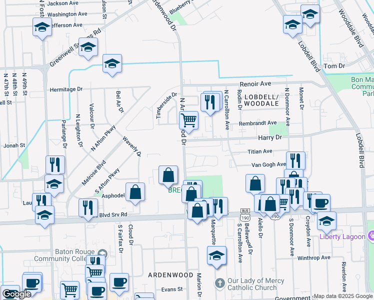 map of restaurants, bars, coffee shops, grocery stores, and more near 6112 Villa Ashley Drive in Baton Rouge