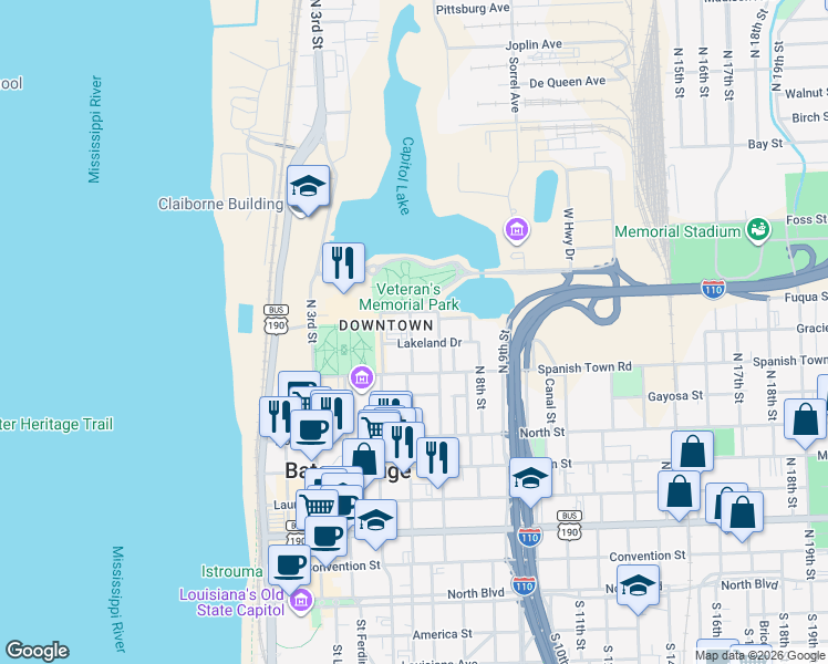 map of restaurants, bars, coffee shops, grocery stores, and more near in Baton Rouge