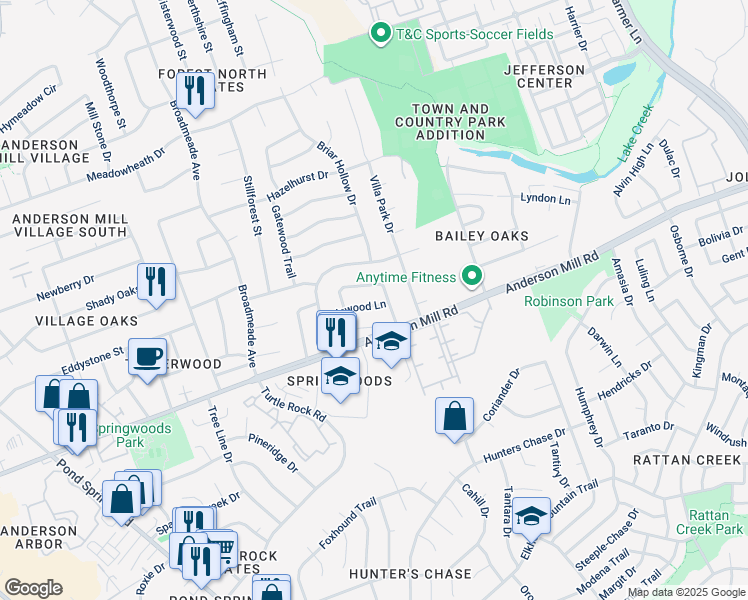 map of restaurants, bars, coffee shops, grocery stores, and more near 8704 Cainwood Lane in Austin