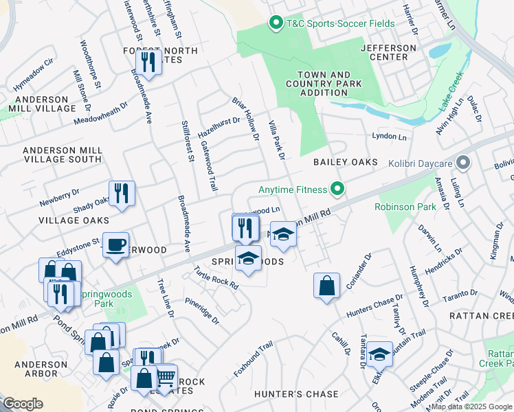 map of restaurants, bars, coffee shops, grocery stores, and more near 8830 Cainwood Lane in Austin