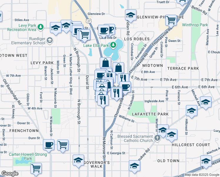 map of restaurants, bars, coffee shops, grocery stores, and more near 1233 North Monroe Street in Tallahassee