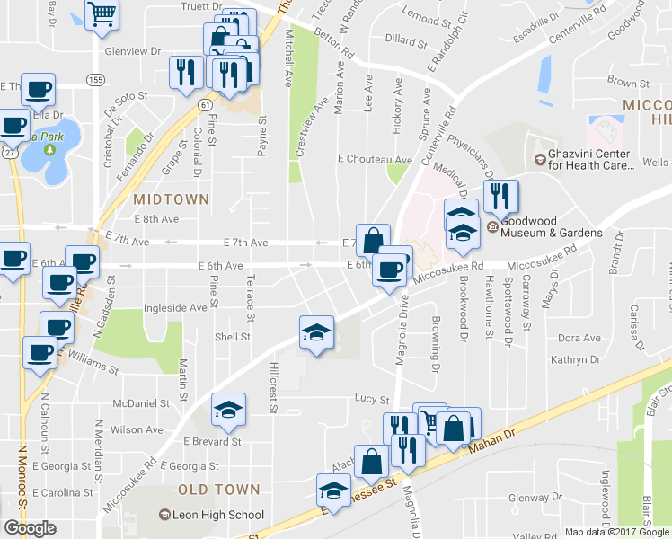 map of restaurants, bars, coffee shops, grocery stores, and more near 1212 Marion Avenue in Tallahassee