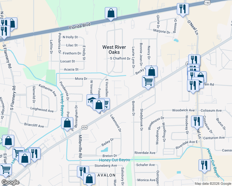 map of restaurants, bars, coffee shops, grocery stores, and more near 15011 Cranbrook Court in Baton Rouge