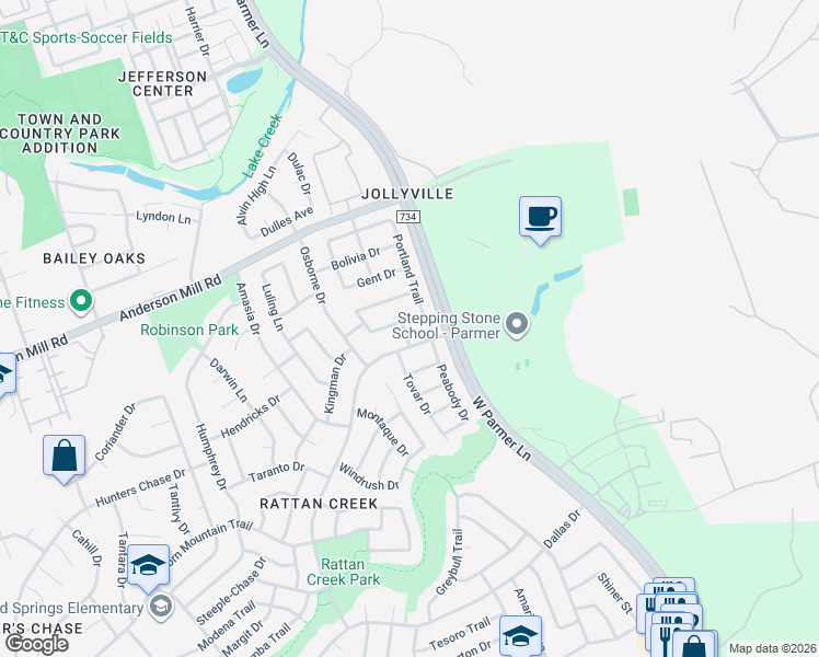 map of restaurants, bars, coffee shops, grocery stores, and more near 13425 Moscow Trail in Austin
