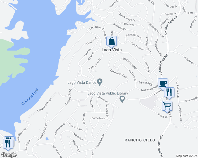map of restaurants, bars, coffee shops, grocery stores, and more near 20806 Dawn Drive in Lago Vista