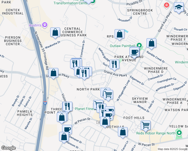 map of restaurants, bars, coffee shops, grocery stores, and more near 1525 Grand Avenue Parkway in Pflugerville