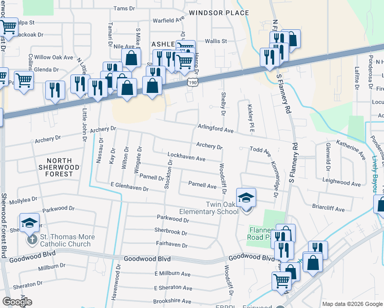 map of restaurants, bars, coffee shops, grocery stores, and more near 12631 Lockhaven Avenue in Baton Rouge
