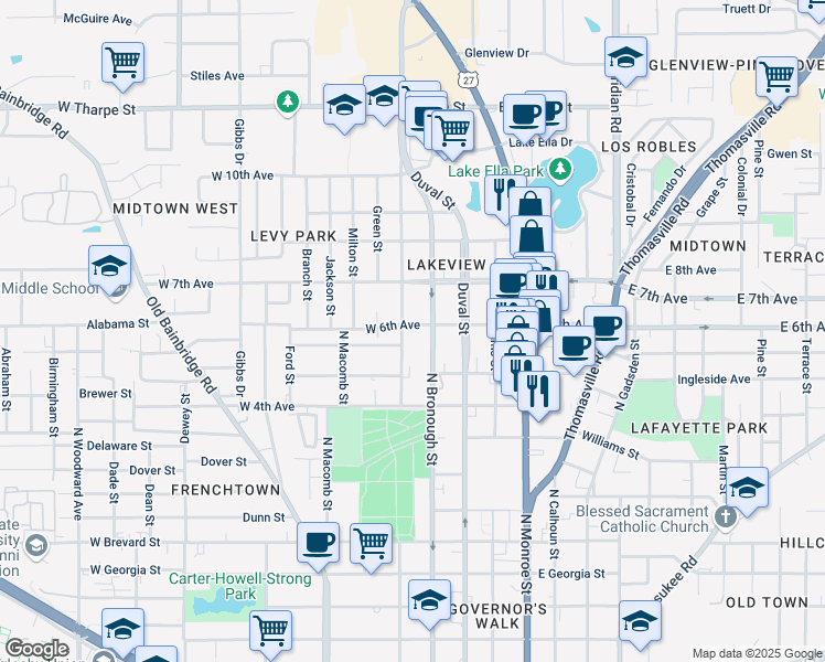 map of restaurants, bars, coffee shops, grocery stores, and more near 315 West 6th Avenue in Tallahassee