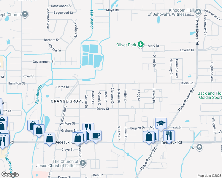 map of restaurants, bars, coffee shops, grocery stores, and more near 121 Clarence Drive in Gulfport
