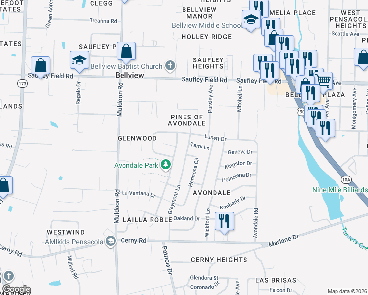 map of restaurants, bars, coffee shops, grocery stores, and more near 5840 Vestavia Lane in Pensacola