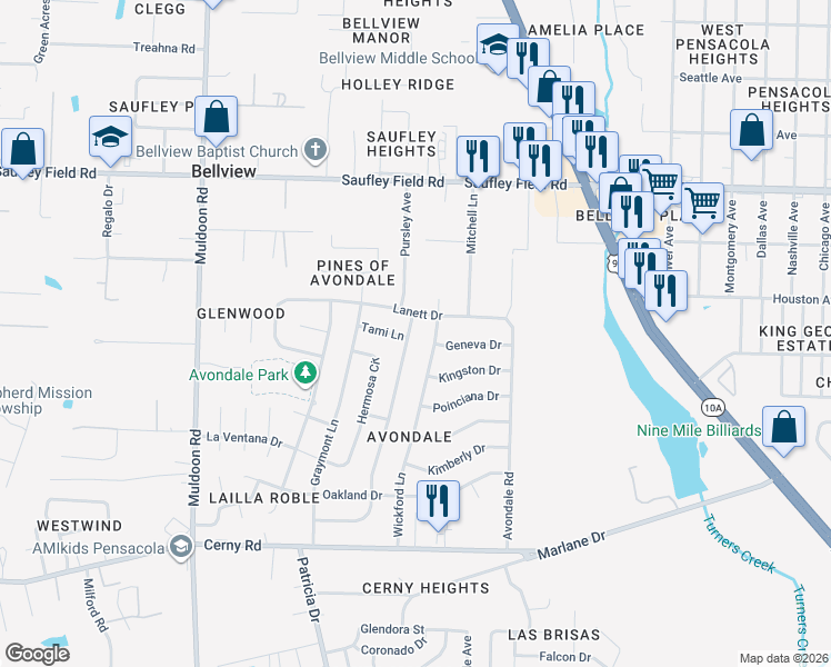 map of restaurants, bars, coffee shops, grocery stores, and more near 5812 Ventura Lane in Pensacola