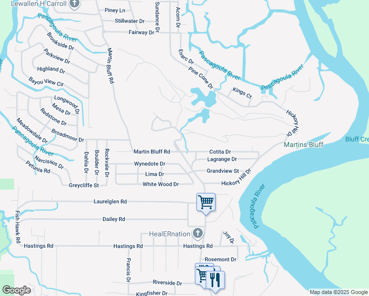 map of restaurants, bars, coffee shops, grocery stores, and more near 1504 Cotita Drive in Gautier