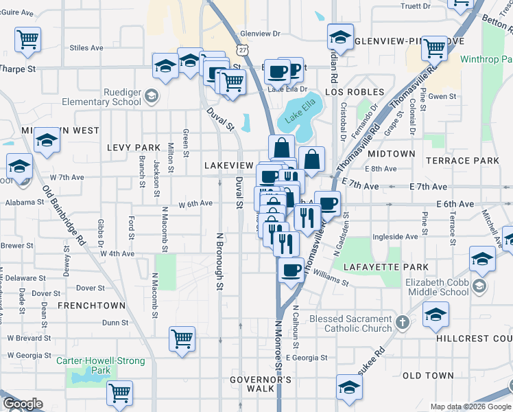 map of restaurants, bars, coffee shops, grocery stores, and more near 1230 North Adams Street in Tallahassee