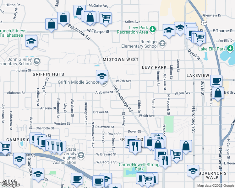 map of restaurants, bars, coffee shops, grocery stores, and more near 1213 Bennett Street in Tallahassee