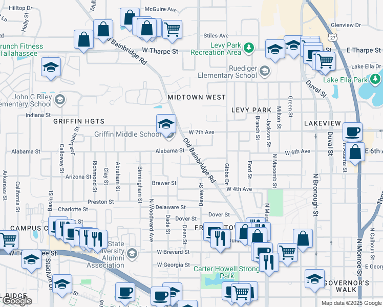 map of restaurants, bars, coffee shops, grocery stores, and more near 1213 Bennett Street in Tallahassee