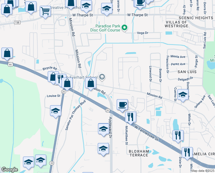 map of restaurants, bars, coffee shops, grocery stores, and more near 2683 West Mission Road in Tallahassee