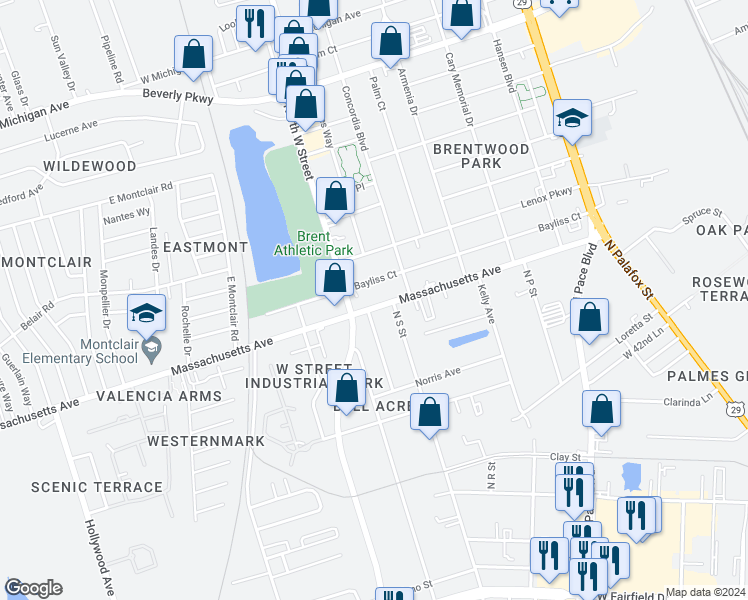 map of restaurants, bars, coffee shops, grocery stores, and more near 424 Massachusetts Avenue in Pensacola