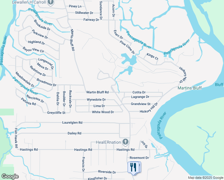 map of restaurants, bars, coffee shops, grocery stores, and more near 1504 Cotita Drive in Gautier