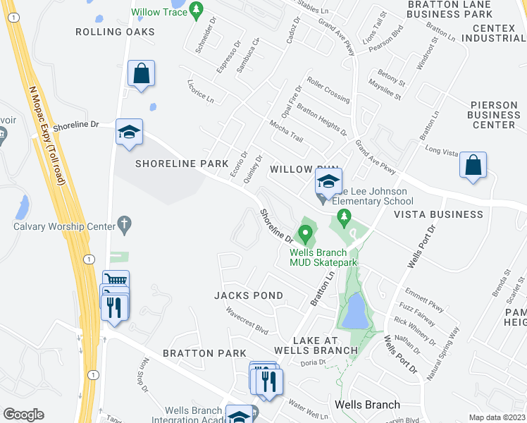 map of restaurants, bars, coffee shops, grocery stores, and more near 3400 Shoreline Drive in Austin