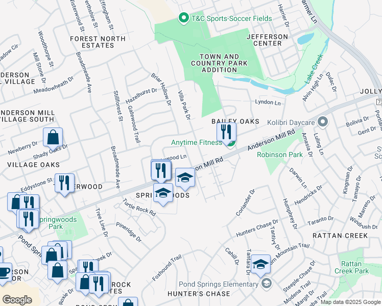 map of restaurants, bars, coffee shops, grocery stores, and more near 13104 Villa Park Drive in Austin