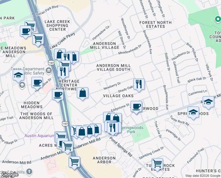 map of restaurants, bars, coffee shops, grocery stores, and more near 12701 Parkland Drive in Austin