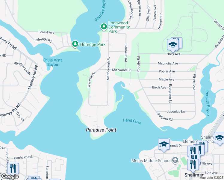 map of restaurants, bars, coffee shops, grocery stores, and more near 56 Marlborough Road in Shalimar