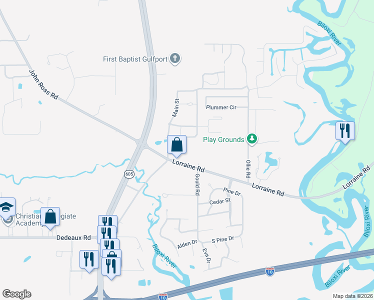 map of restaurants, bars, coffee shops, grocery stores, and more near 11579 Lorraine Road in Gulfport