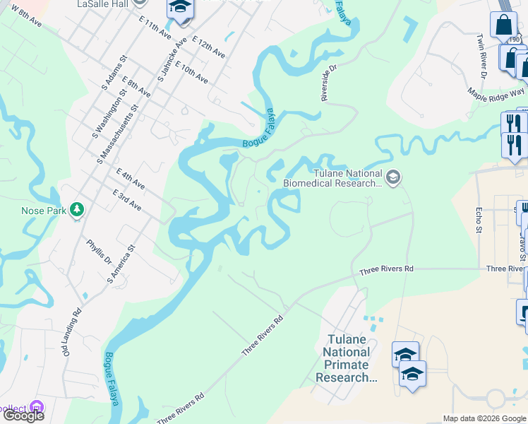 map of restaurants, bars, coffee shops, grocery stores, and more near 70410 Riverside Drive in Covington