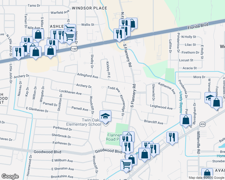 map of restaurants, bars, coffee shops, grocery stores, and more near 13238 Todd Avenue in Baton Rouge