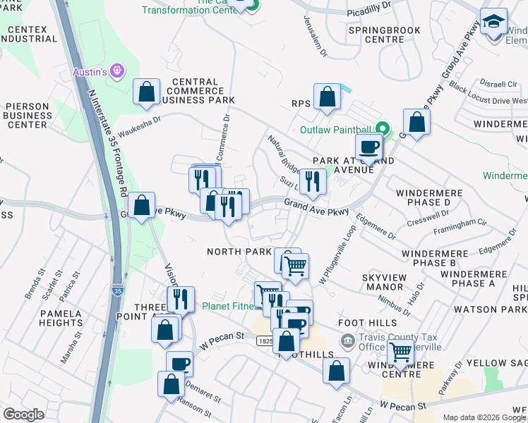 map of restaurants, bars, coffee shops, grocery stores, and more near 1525 Grand Avenue Parkway in Pflugerville