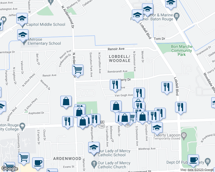 map of restaurants, bars, coffee shops, grocery stores, and more near 6665 Titian Avenue in Baton Rouge