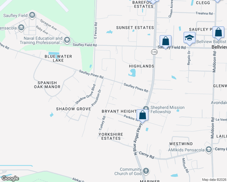map of restaurants, bars, coffee shops, grocery stores, and more near 5762 Turkey Road in Pensacola