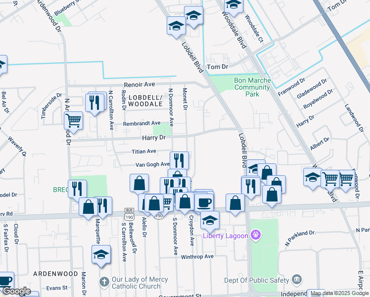 map of restaurants, bars, coffee shops, grocery stores, and more near 747 Monet Drive in Baton Rouge