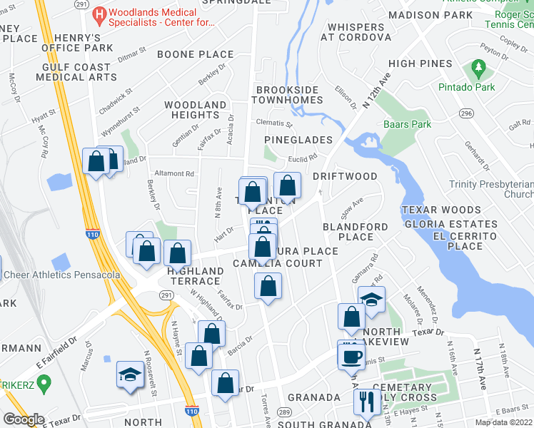 map of restaurants, bars, coffee shops, grocery stores, and more near 6 Ruffin Circle in Pensacola