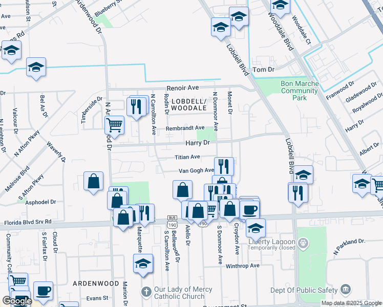 map of restaurants, bars, coffee shops, grocery stores, and more near 6870 Titian Avenue in Baton Rouge